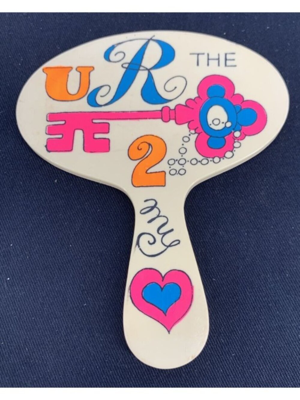 Girl Hand Mirror UR the Key to My Heart Doll Accessory Vanity 5" Vintage